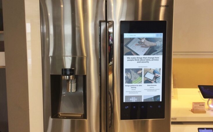 Samsung Family Hub: a smart fridge that shows the network moving into a usually passive object. Naomi and Ian went to see it at the Connected Home showroom inside John Lewis on Oxford Street, London. Apparently customers do ask about the security of the products on sale, but the shop staff have trouble answering these sorts of questions. (Photo: Ian Hutchinson/IF, CC-BY)