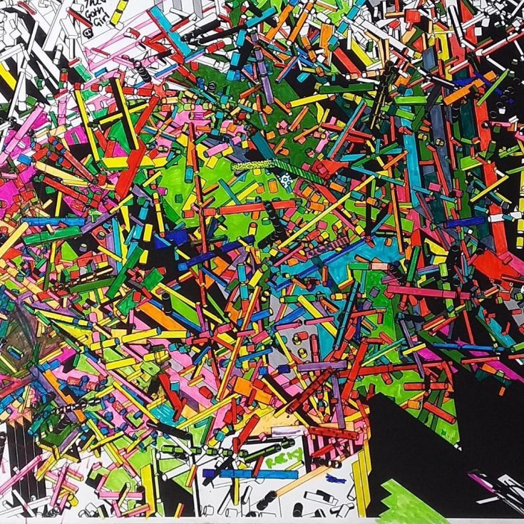 A drawing made using Mass, by Will Hurt. Coloured in with help from the public during an exhibition.