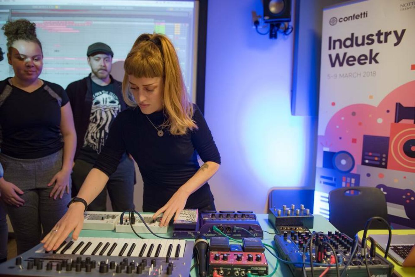 AJA demonstrating music production tools and techniques at Confetti's Industry Week