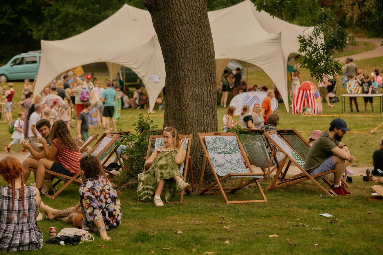 The map as a textile artwork presented on deckchairs at Nottingham Green Festival 2023. Creating a space for conversations about Climate Change.